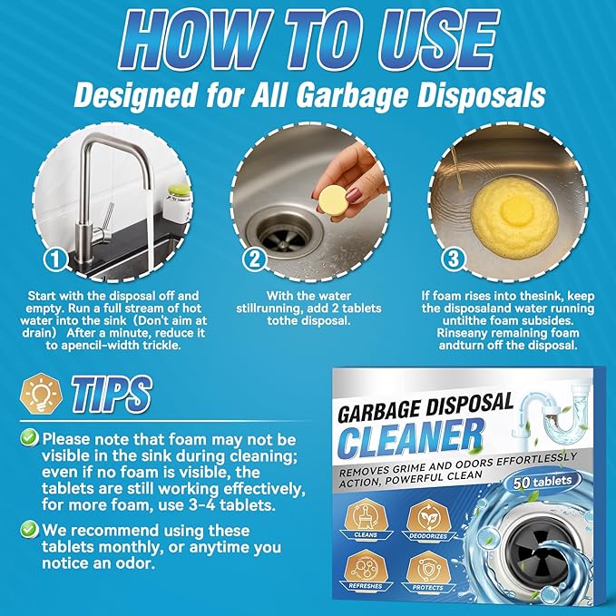 Garbage Disposal Cleaner and Deodorizer Tablets - 50 Count (1-Year Supply), Powerful Foaming Sink Cleaner, Quickly Eliminates Odors, Natural Drain Odor Eliminator for Kitchen Disposal Care