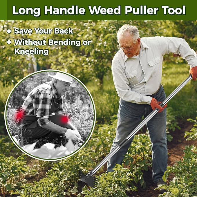 Weed Puller Tool with Long Handle - 44" Heavy Duty Manual Weeder & Garden Hoe, 2 in 1 Uprooting Tool for Yard, Lawn, Flower Bed, and Patio, Durable Weed Remover for Gardening (44")