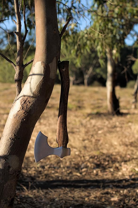 Axe with Carbon Steel Blade and Wooden Handle - Premium Hatchet with Paracord Lanyard & PU Leather Sheath