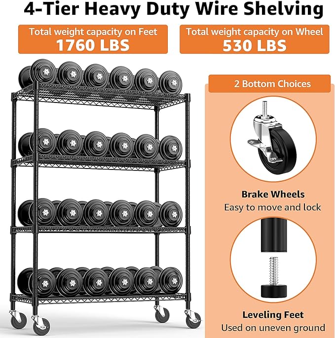 M MZG 53" W Storage Shelves 1760LBS 4 Tier Metal Shelving Unit with Wheels Heavy Duty Garage Shelving Adjustable Wire Shelves for Pantry,Kitchen,Garage,Basement,Black 23.6" D x 53.2" W x 73.6" H