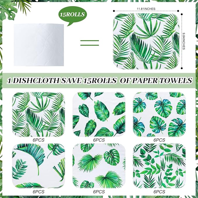 36 Pack Leaves Reusable Cleaning Cloths Washable Cotton Kitchen Towels for Home (Green)