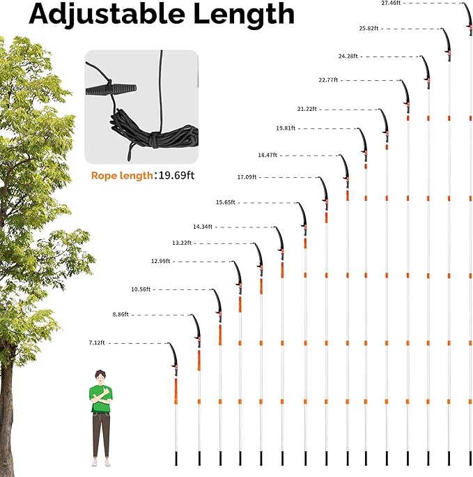 VINGLI 26ft Manual Extendable Tree Pruner Pole Saw, Long Tree Trimmer with Sharp Steel Blade, Aluminum Tree Cutter with 5-section for Pruning Palms and Shrubs