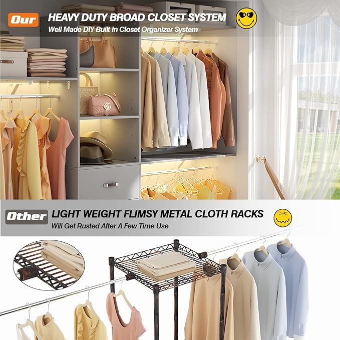 iSunirm 8FT Closet System, 96'' Closet Organizer System with 3 Hanging Rods, Wall Mount Bedroom Wardrobe with 3 Drawers Walk-in Closet, Adjustable Cloth Garment Rack from 5 to 8FT (Cut to Fit), Grey