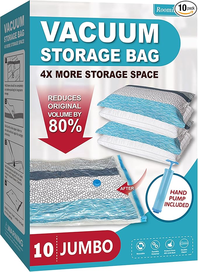 Roomimaster Vacuum Storage Bags, Vacuum Seal Space Saver Bags for Clothing, Travel Lugggage, Carry-on, Blankets, Pillow, Comforters, Bedding, 10 Jumbo