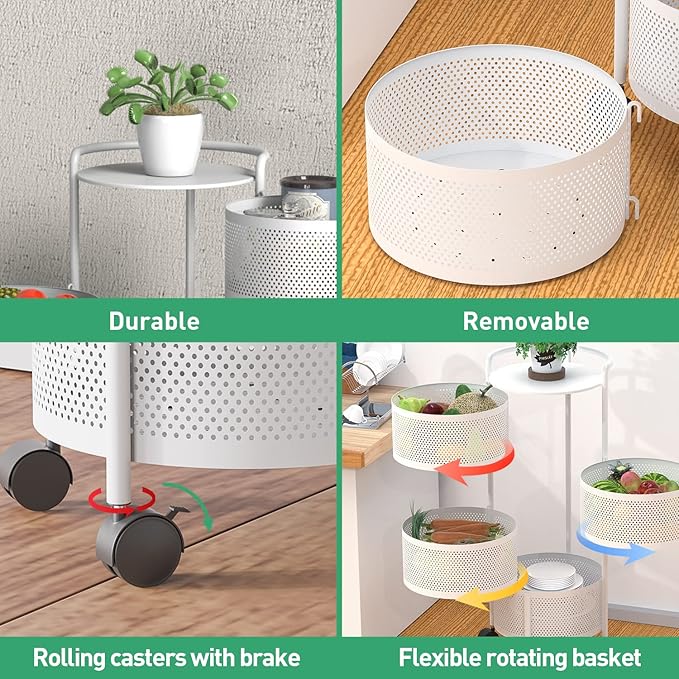 JAQ Rotating Storage Carts No Assembly, 4-Tier Round Storage Basket Rack Shelf Organizer on Rolling Wheels for Fruit Vegetables Grocery Corns Potato Onion Snack in Kitchen Pantry (4-Tier, White)