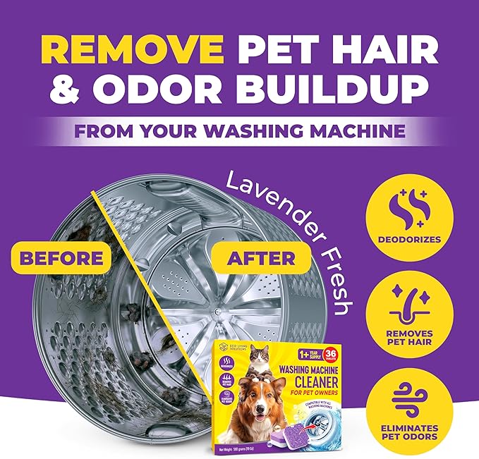 ECO LIVING SOLUTIONS Washing Machine Cleaner Tablets for Pet Owners, 36 Pack, Front&Top Load Washer Deep Cleaning, HE & Septic Tank Safe, Remove Pet Hair, Eliminates Smells, Prevents Dander Build-up