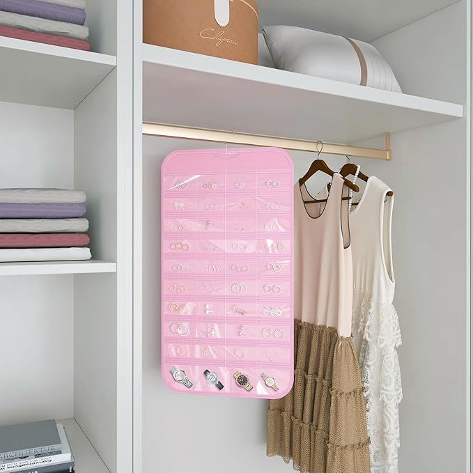 1 Pack Hanging Jewelry Organizer 80-Pocket Dual-sided Jewelry Storage for Earring Necklace Bracelet Ring Travel Holder, Pink