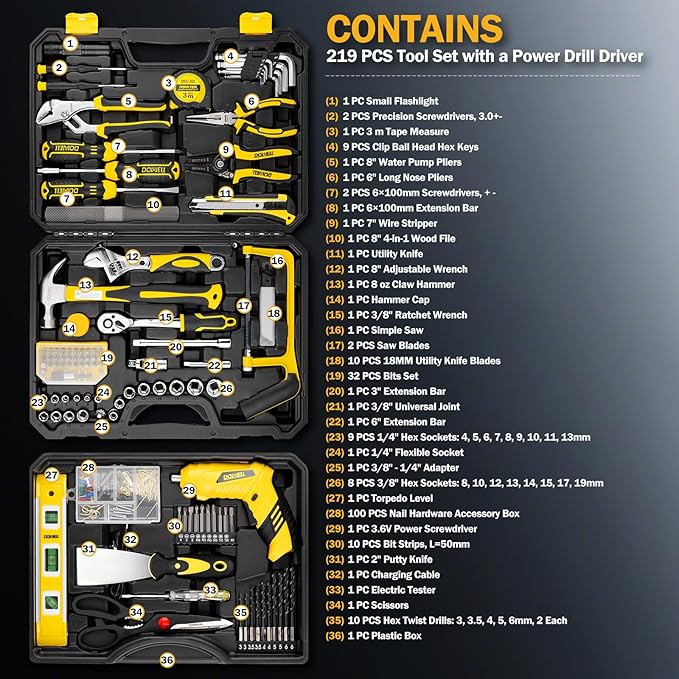 DOWELL 219-Piece Home Tool Set with 3.6V Electric Screwdriver, General Household Tool Kit in Drawer Toolbox for DIY, Furniture Assembly & Repair (Screwdriver, Hex Keys, Wrench, Hammer Included)