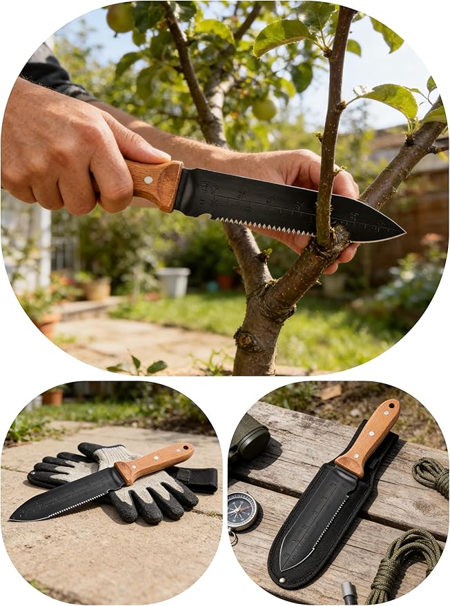 Hori Hori Garden Knife, 7" Stainless Steel Blade Heavy Duty Gardening Tool, Full-Tang Wooden Handle with Hanging Hole & Oxford Sheath for Weeding Digging Planting Cutting