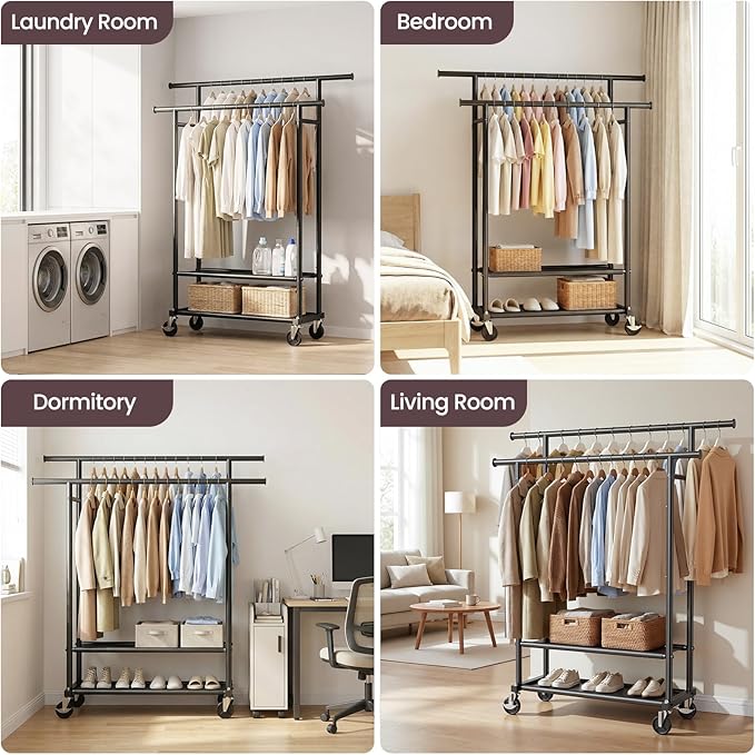 Clothes Rack, Double Rods Rolling Clothing Rack for Hanging Clothes Closet Rack with Wheels, Metal Portable Garment Rack with Double Shelves for Bedroom Laundry Living Room, Black