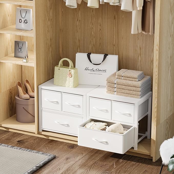 Homeiju Stackable 3-Drawer Fabric Dresser with Waterproof Wood Top – Closet Organizer & Storage Drawers for Bedroom, Modern Metal Frame Design (2 Tier-2 Pack)