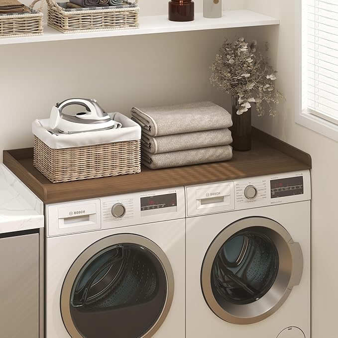 Furinno RAVEL Washer Dryer Countertop, Washer and Dryer Topper, with Edge Rails, Anti Slip Pads, 27.5 D x 54 W, for Laundry Room Organization and Storage, Modern Walnut