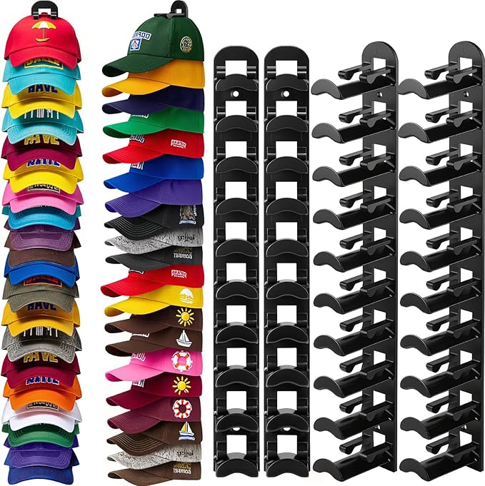 4 Pack Hat Organizer Hat Hook for Wall,Hold up to 40 Hats,Hat Holder with Strong Adhesive and Screws,Cap Holder Hat Hangers for Wall Closet Door and Bedroom(B-Black,4pcs)