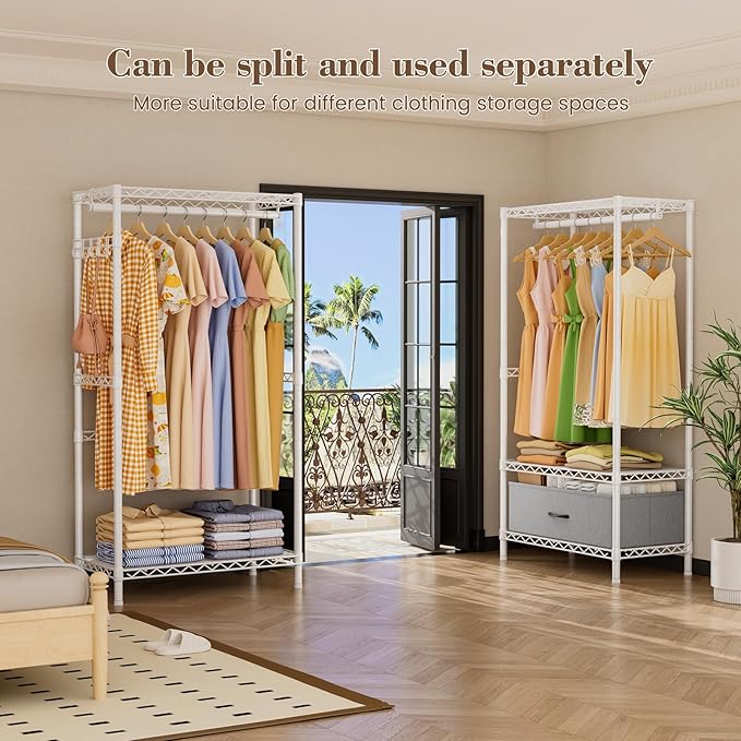 Golpart Coat Rack Clothes Wardrobe：Closet Organizer and Storage Clothing Garment Rack with Shelves Heavy Duty for Hanging Clothes Portable Adjustable White 15.8" DX69 WX76.5 H