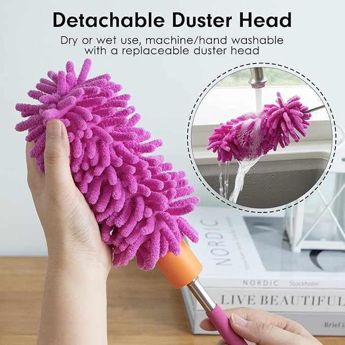 Microfiber Duster for Cleaning, Tukuos Hand Washable Dusters with 2pcs Replaceable Microfiber Head, Extendable Pole, Detachable Cleaning Brush Tool for Office, Car, Window, Furniture, Ceiling Fan