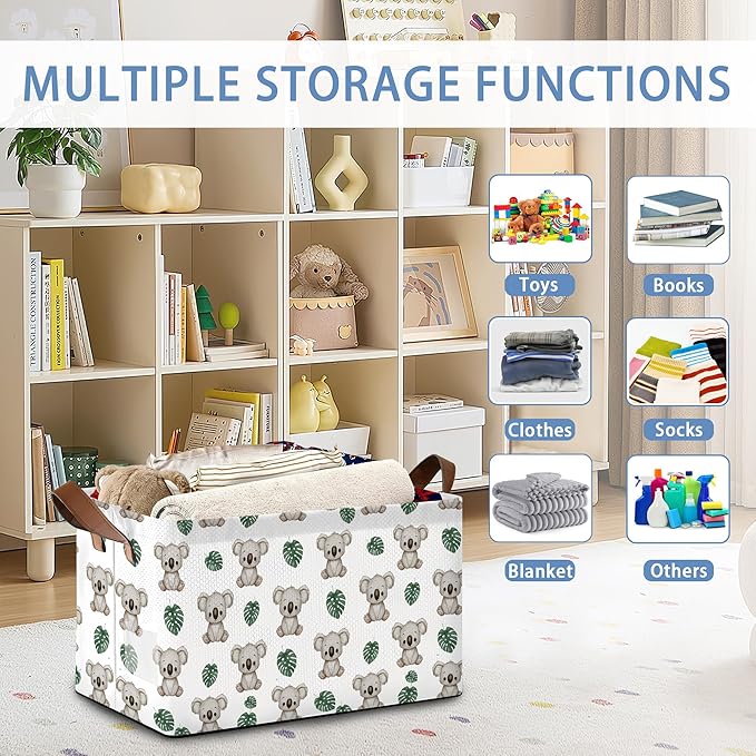 Cute Koala Storage Basket,Palm Leaf Collapsible Storage Bin Cubes for Living Room Bedroom Blankets Home Storage 17x11.5x10Inch