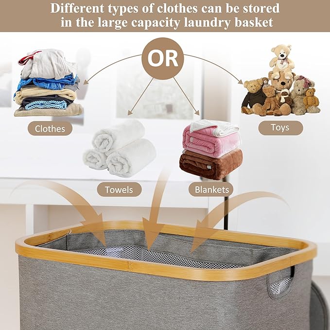 iEGrow Laundry Hamper with Lid, 110L Large Laundry Hamper with Handle and Lid, Collapsible Clothes Basket Organizer with Removable Inner Bag for Clothes Toys Towels - Grey