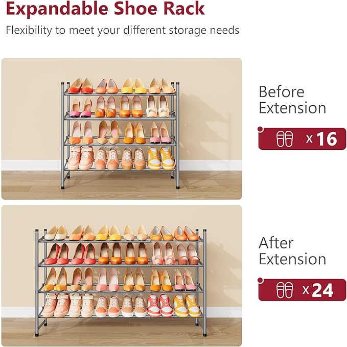 Tajsoon Expandable Shoe Rack for Closet 4 Tier, 29“-41“Adjustable & Stackable Shoe Shelf Storage, Metal Shoe Rack Organizer for Front Door Entrance, Closet, Garage, Entryway, Grey