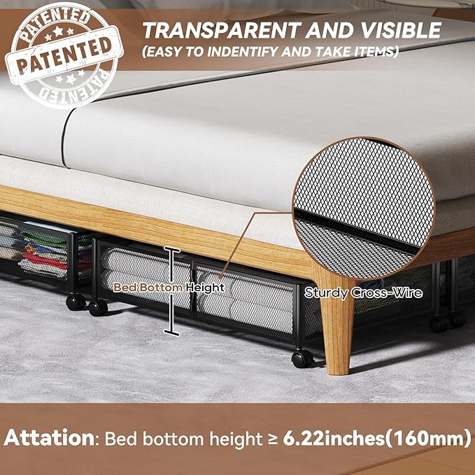 PHINOX Under Bed Storage with wheels, Under the Bed Storage Containers,Upgrade Crossed Iron Wire, Metal Rolling Underbed Storage Containers for Bedroom Clothes Shoes Blankets-2 Pack,Black