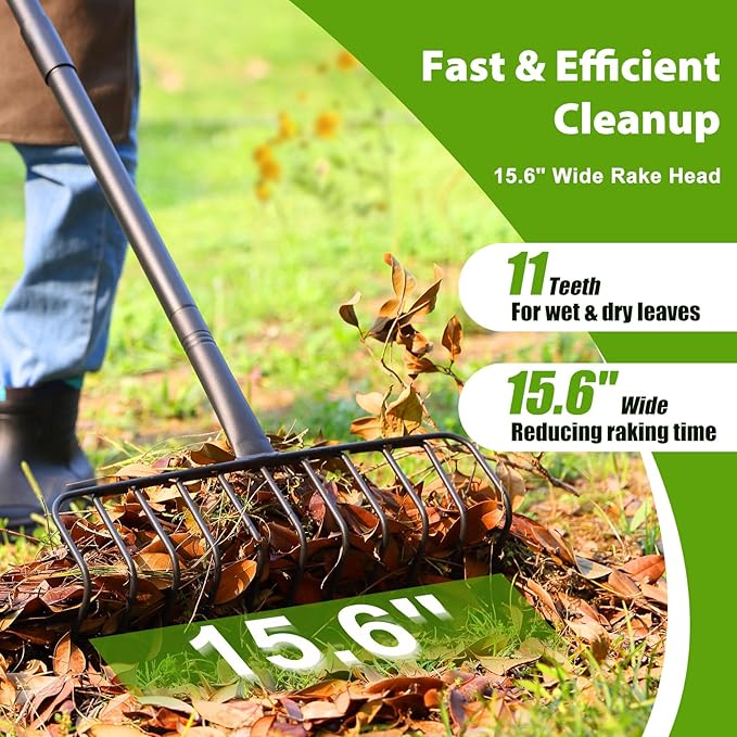 Garden Rake, Heavy Duty Rake with 11 Tines, 51 Inch Handle, 16 Inch Wide, Metal Garden Thatch Leaf Rakes for Raking Gathering Mulch,Metal Thatch Rakes for Lawn Yard Bushes Pine Needles Leaves Grass