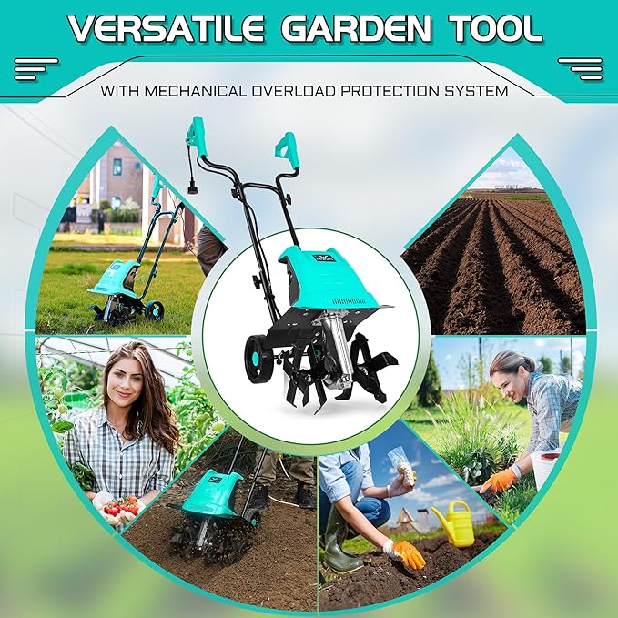 15 Amp 12 Inch Electric Tiller/Cultivator with 4 Steel Tines Small Garden Tiller for Gardening, Corded Rototiller with Adjustable Wheels