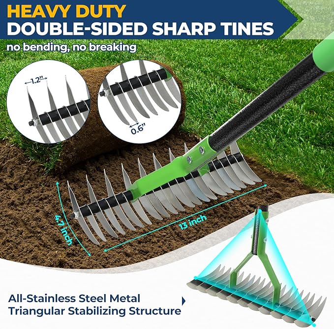 Garden Rake 51" – Dual-Sided Shrub Rake with 13" Sharp Metal Tines, Lightweight Multi-Purpose Yard Tool, Reversible Head for Lawn, Soil, Shrub, Mulch & Leaf Cleanup