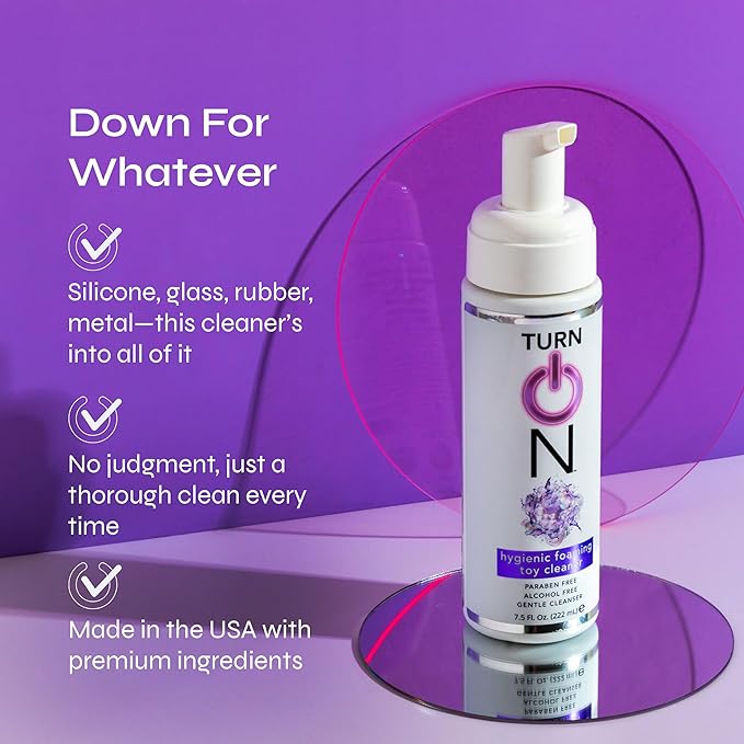 Turn On Hygienic Foaming Toy Cleaner, 7.5 Ounce All Purpose Alcohol Free Gentle Cleansing Spray, No Harsh Chemicals Safe for All Toys and Surfaces, Paraben Free & Sulfate Free