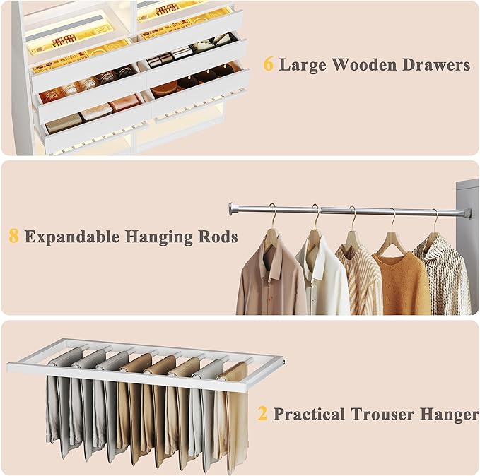 Closet System, 5.7-10.4FT Closet Organizer System with 6 Wood Drawers & LED Glasstop, Wood Walk-in Closet with 10 Hanging Rods & Trouser Rack, Built-in Wardrobe Garment Rack with Shelves & Tower,White