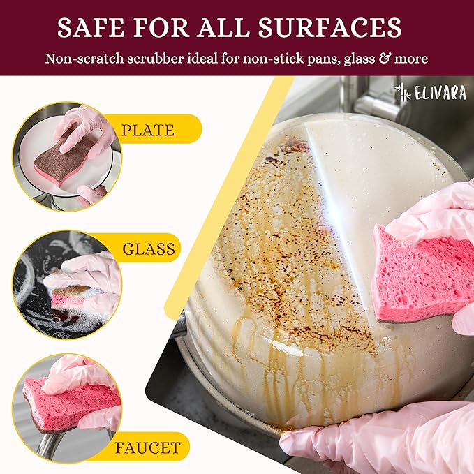 Kitchen Sponges – 12 Pack – Non-Scratch Dual-Sided Cellulose Scrub Sponges for Dishes, Pots, and Pans – Durable, Absorbent, and Reusable (Brown/Pink)