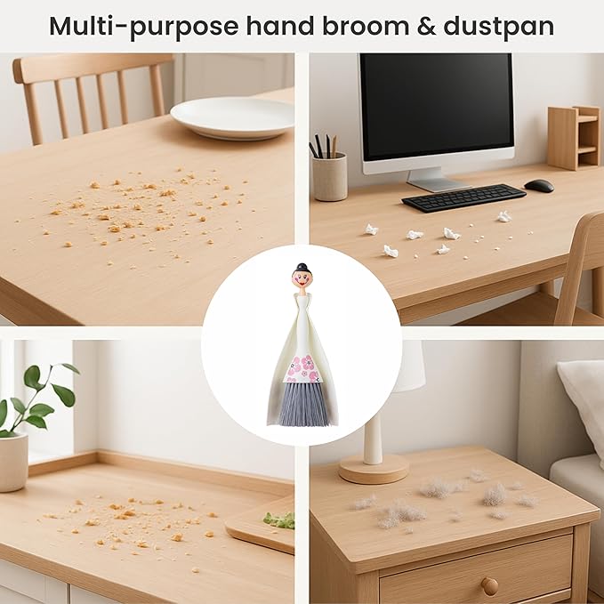 Vigar Mini Broom and Dustpan Set, Small Broom and Dustpan Set for Dust, Pet Hair, Car, and Crumb, Perfect for Home and Camping Essentials, White