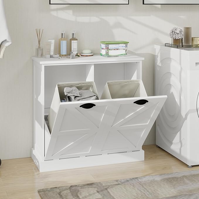 Two-Compartment Tilt-Out Laundry Sorter Cabinet with Removable Cloth Bags,Laundry Room Organization,UV Painting Cabinet for Laundry Room,Bathroom,Utility Room-White