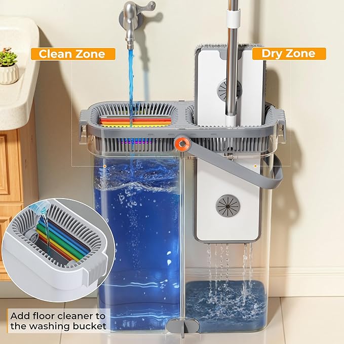 Spreezy Mop and Bucket Set, Hands-Free Flat Mop System with Wringer, Wet and Dry Using, Separate Wash & Wring Zone, Household, 4 Reusable Microfiber Pads for Floor Cleaning, Fits into Narrow Spaces