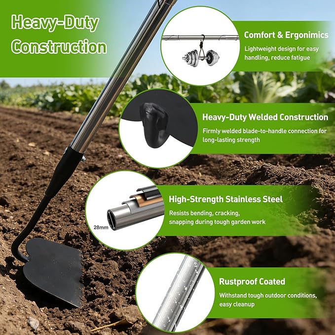Garden Hoe for Weeding, Heavy Duty Draw Hoe Garden Tool for Plowing,Cultivating,Trenching, Ridging,Tilling Loosening Soil,Scraping Weeder with 74” Handle for Stand Gardening, Reduce Back Strain