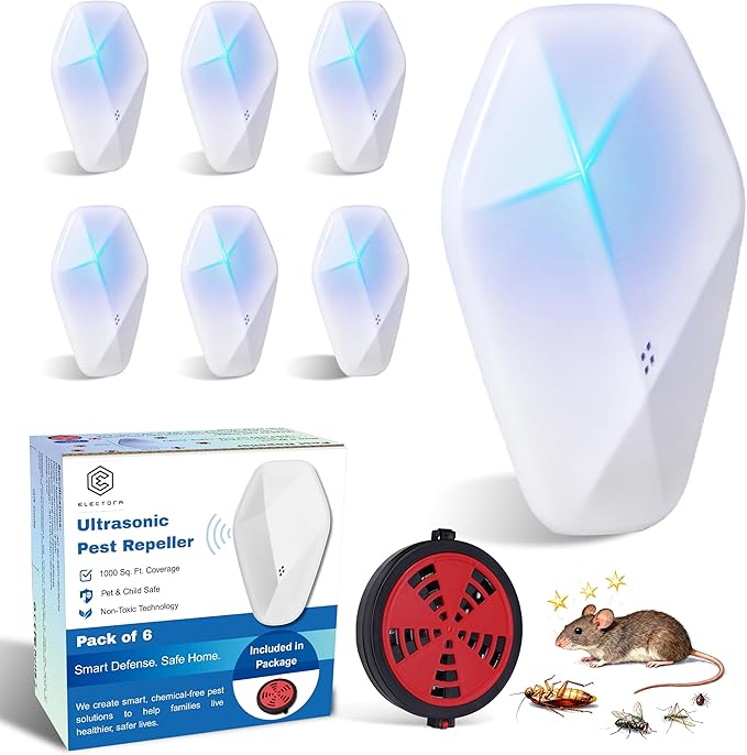 Electora 6Pcs Upgraded Ultrasonic Pest Repeller with Mosquito Coil Holder, Pest Repellent ultrasonic Plug in, Mice Repellent Indoor for Rodent, Roach, Spider, Ant, Bug, Mosquitoes, Insects and Rats