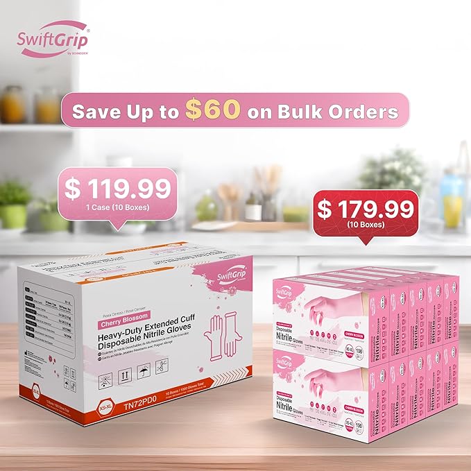 Disposable Nitrile Dishwashing Gloves, Extended 12 Inches Cuff, 6-mil, Cherry Blossom Cleaning Gloves, Latex-Free