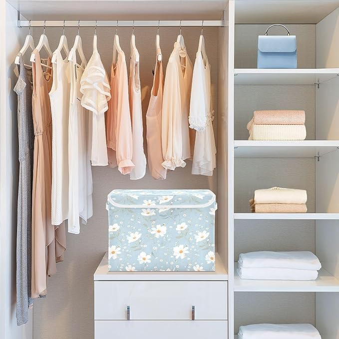 senya Large Storage Bins with Linen Collapsible Foldable Storage Cubes Fabric Closet Organizer Containers box with Flip-Top Lid for Home Bedroom Office 16.7 x 12.6 x 11.8in (White Flowers)