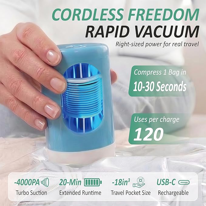 Cozy Essential Travel Vacuum Storage Bags with Rechargeable Cordless USB Pump, Space Saver Bags for Luggage, Suitcase, Carry-On, for Clothes, Blankets, Bedding & Seasonal Storage,35 Combo