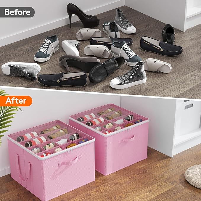 Lifewit Shoe Storage Organizer for Closet, Fabric Large Shoe Box Storage Containers with Clear Cover, Foldable Bins for Boots Heels Sneakers Fits 24-32 Pairs (Each 12-16 Pairs) 2 Pack Pink