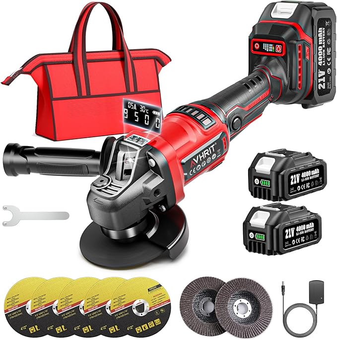 Cordless Angle Grinder, 4-1/2" Battery Grinder with 2 Batteries, LED Display,Burshless motor for Metal Cutting Grinding, Rust Removal