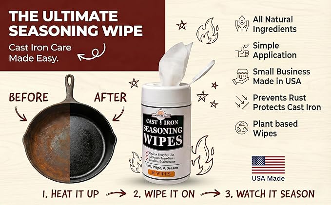 Cookware Care Cast Iron Seasoning Oil Wipes, 50 Wipes, Made in USA with Grapeseed Oil for Cast Iron Skillet, Blackstone Griddle (1 pack)