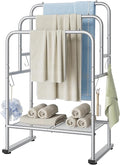 ELYKEN 40'' Tall Standing Towel Racks, 3 Tier Towel Drying Rack Outdoor, Pool Towel Stand Blanket Holder with Shelf & 4 Removable Hooks, Metal Freestanding Towel Racks for Bathroom, Smooth Silver