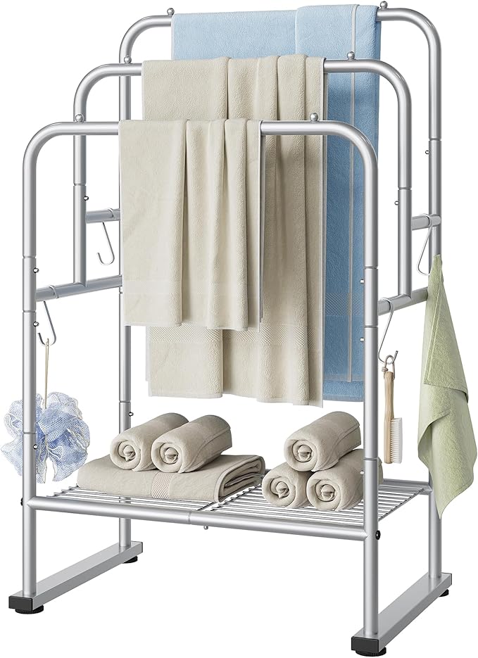 ELYKEN 40'' Tall Standing Towel Racks, 3 Tier Towel Drying Rack Outdoor, Pool Towel Stand Blanket Holder with Shelf & 4 Removable Hooks, Metal Freestanding Towel Racks for Bathroom, Smooth Silver