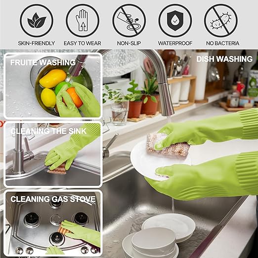 Reusable Waterproof Household Dishwashing Cleaning Rubber Gloves, Non-Slip Kitchen Glove (Green, Large (Pack of 3))