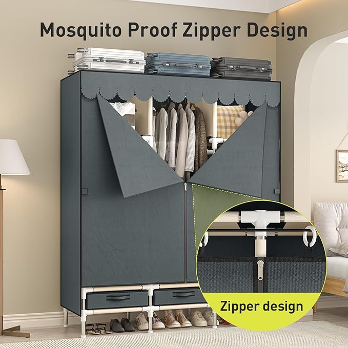 Portable Armoire Wardrobe Closet with 3 Drawers and 3 Hanging Rods,Cloth Closet Wardrobe Cabinet for Hanging Clothes,Grey Cover,for Clothing,Bedding,51 in Width