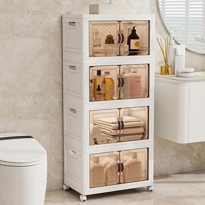 Storage Bins with Lids and Wheels, 440QT-110QT*4Tier Collapsible Bathroom Storage Cabinet with Clear Doors, Plastic Stackable Closet Organizers and Containers White
