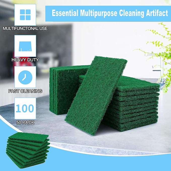 100 Pcs Scouring Pads, 4 x 6 inch Green Scrub Pads, Non Scratch Household Scrub Pad (Green)