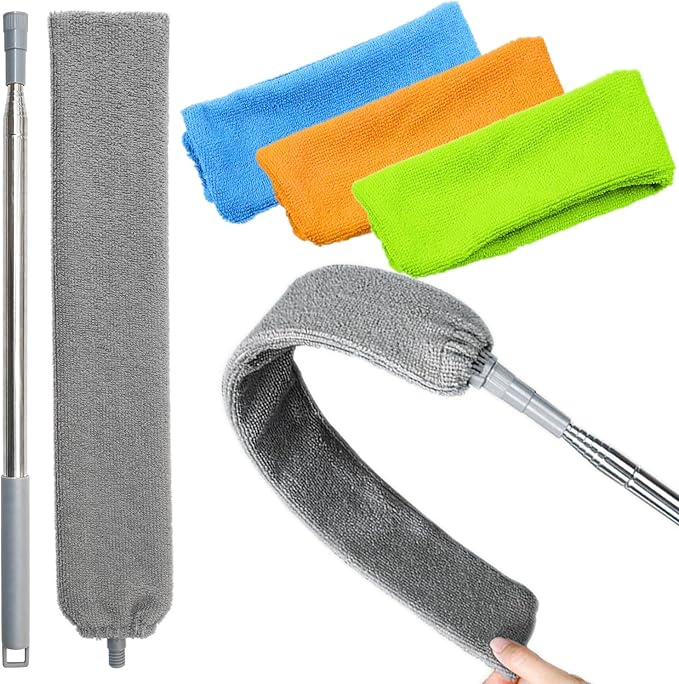 100 inches Retractable Gap Dust Cleaner Cleaning Tools with 4 Microfiber Dusting Cloths Long Handle, Washable and Retractable Duster Brush for Cleaning Under Appliances Furniture Couch Fridge