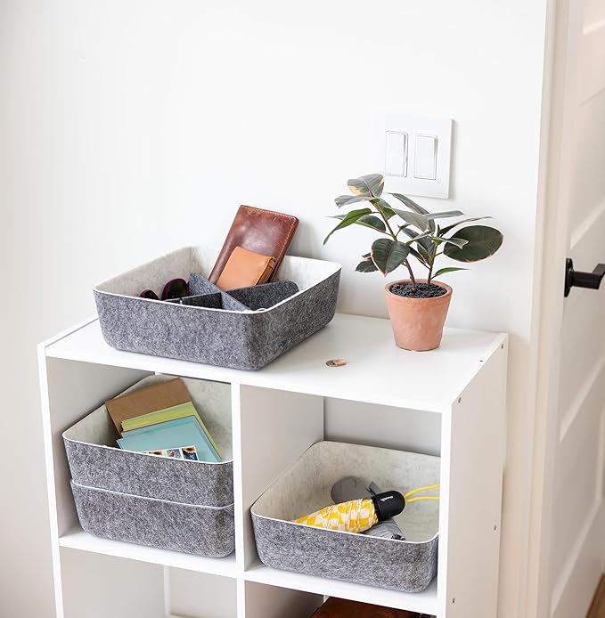 Three by Three Seattle felt·like·it!™ Small Cubby Storage Bin Set of 3 with Dividers – Eco-Friendly Recycled Felt Bins for Home & Office Organization, Charcoal