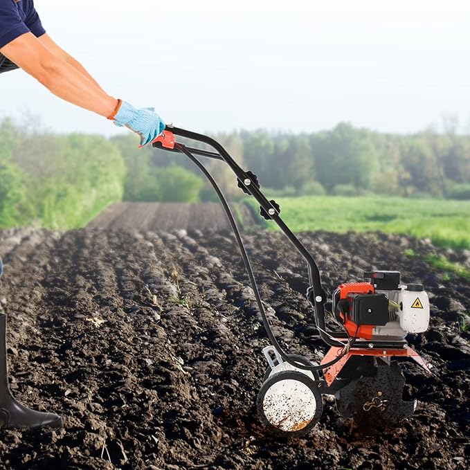 Gas Powered Garden Tiller, 43Cc 2 Stroke Mini Tiller for Gardening, Garden Yard Rototiller Tilling Cultivator Heavy Duty Gasoline Tiller with Goggles for Plow Turn The Soil, 1250W