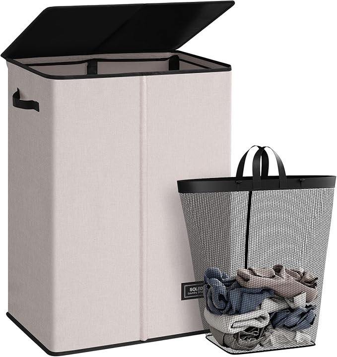 SOLEDI Laundry Hamper with Lid 130L Large & Tall Collapsible Laundry Basket, Clothes Hamper with Bag Removable Easy to Carry, Dirty Hampers for Bedroom, Bathroom, Dorm, College, Light taupe